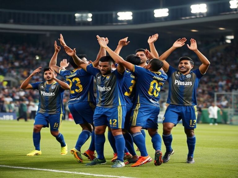 A vibrant scene at Estadio Olímpico Universitario during a Pumas match, featuring fans in blue and gold, the stadium’s iconic