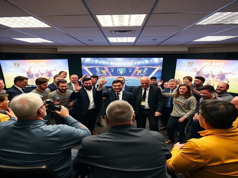 A vibrant image of Leeds United fans celebrating at Elland Road with confetti in the air, wearing blue and white scarves, and