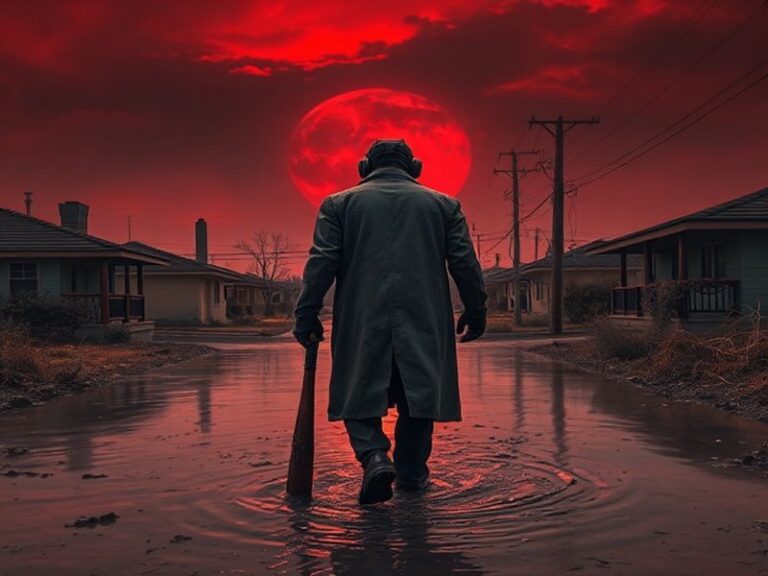 A cinematic shot of a zombie apocalypse survivor standing on a cliff overlooking a misty, ruined coastal town with broken bui