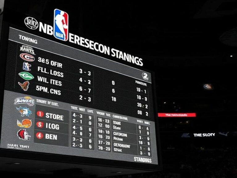 A basketball court viewed from above during an NBA game, showing players in motion with bright arena lights and a scoreboard