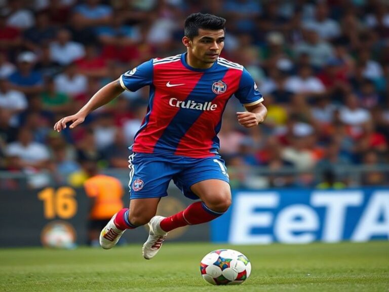 A dynamic action shot of Uriel Antuna in a Club América jersey, dribbling past a defender in a packed stadium, showcasing his