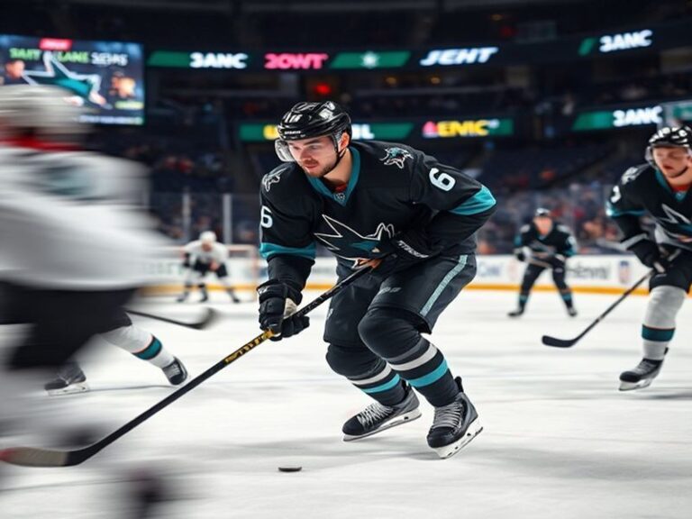 A dynamic action shot of Brent Burns in full Sharks uniform, mid-stride on the ice, stick in hand, with a focused expression