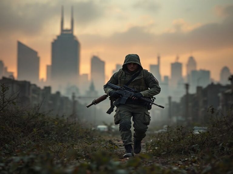 A cinematic scene showing a ruined suburban neighborhood at dusk, with abandoned cars, overgrown vegetation, and a lone survi