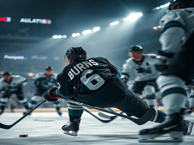 A dynamic on-ice portrait of Brent Burns in full Sharks uniform, mid-action during a game, with his iconic long hair flowing
