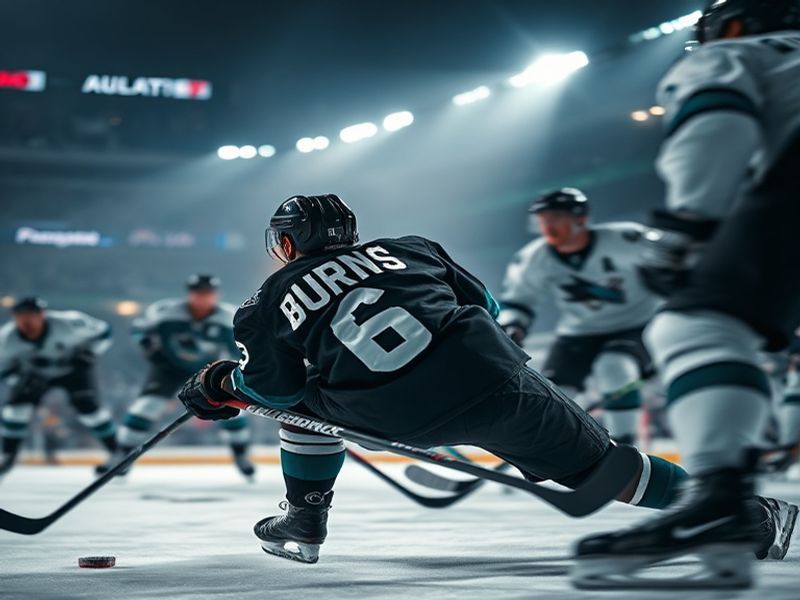 A dynamic on-ice portrait of Brent Burns in full Sharks uniform, mid-action during a game, with his iconic long hair flowing