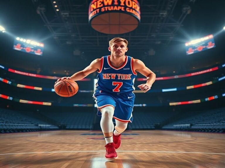 Kristaps Porziņģis mid-game, wearing a Dallas Mavericks uniform, leaping for a block with intense focus. The background shows