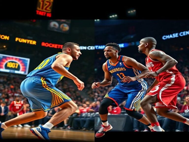 A dynamic shot of Stephen Curry in mid-air, releasing a three-point shot over a Rockets defender, with the Warriors' bench an