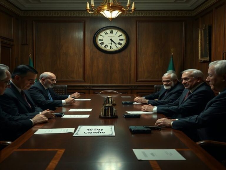 A tense diplomatic meeting in Tehran with Iranian mediators at a long table, surrounded by regional and global diplomats, map