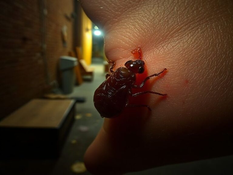 A close-up of a rat in an urban alleyway, with fleas visible on its fur. The scene is set in a dimly lit, cluttered environme