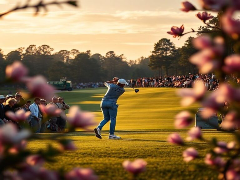 A panoramic view of Augusta National Golf Club during The Masters, showcasing the lush greens, blooming azaleas, and iconic l
