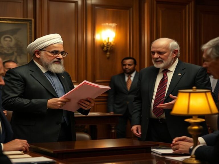 A tense diplomatic meeting in Tehran with Iranian officials, regional leaders, and international observers around a long tabl