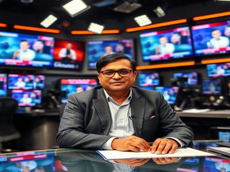 A professional portrait of Rajat Sharma in a news studio, holding a microphone during an interview with a politician seated a
