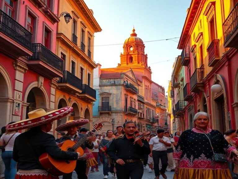 A vibrant street scene in Mexico City: colonial buildings with colorful murals, a vendor selling traditional crafts, and a yo
