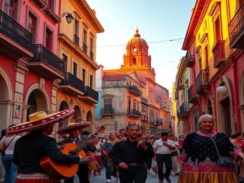 A vibrant street scene in Mexico City: colonial buildings with colorful murals, a vendor selling traditional crafts, and a yo