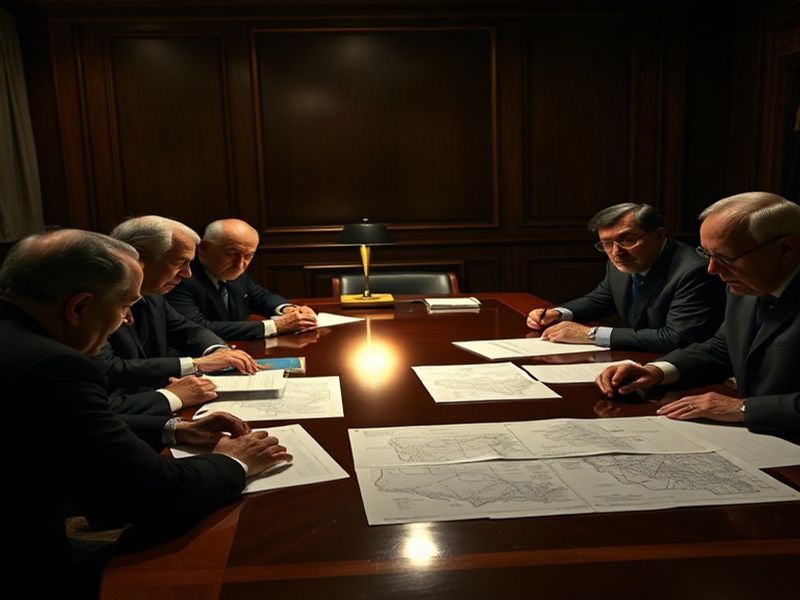 A dimly lit meeting room with diplomats in suits and traditional Middle Eastern attire gathered around a long table, maps and