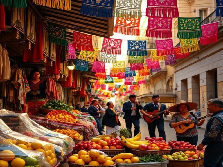 A vibrant street scene in Mexico City featuring a mix of colonial architecture and modern murals, with people walking and col