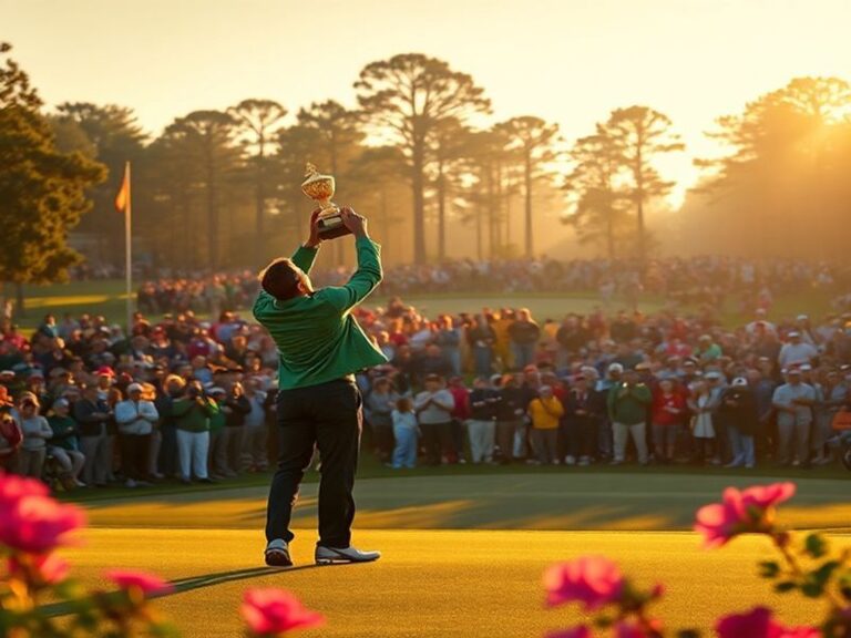 A vibrant aerial shot of Augusta National Golf Club during The Masters, showcasing the lush fairways, blooming azaleas, and t