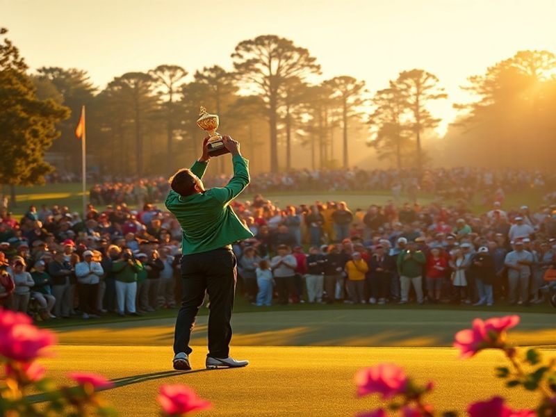 A vibrant aerial shot of Augusta National Golf Club during The Masters, showcasing the lush fairways, blooming azaleas, and t