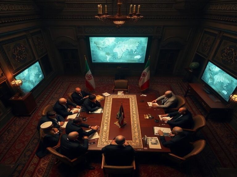 A tense diplomatic meeting in Tehran with Iranian officials speaking to international mediators, surrounded by maps and cease