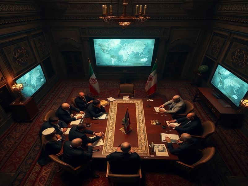 A tense diplomatic meeting in Tehran with Iranian officials speaking to international mediators, surrounded by maps and cease