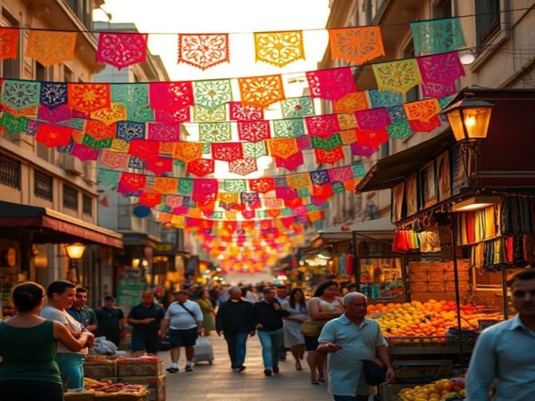 A vibrant street scene in Mexico City at sunset: colonial buildings with modern murals, street vendors selling elote and taco