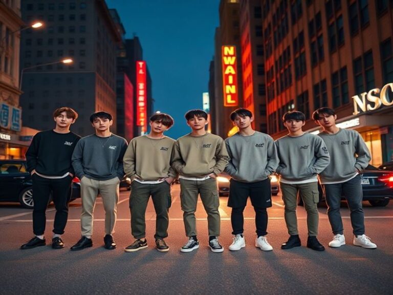 A dynamic concert shot of NCT performing on stage with neon lights, multiple members in coordinated outfits, and a diverse au