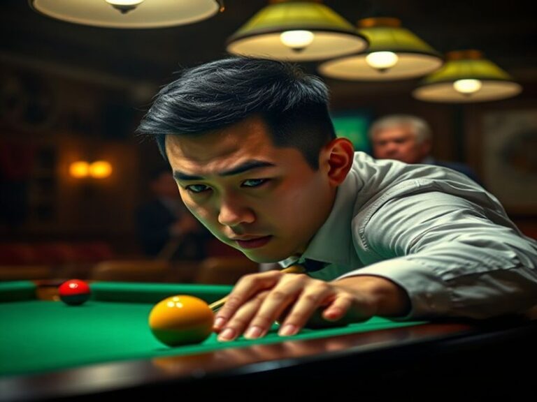 A dynamic action shot of Zhao Xintong mid-break at a snooker table, wearing a dark suit, with Judd Trump in the background ad