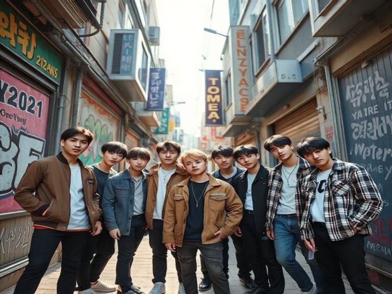 A vibrant concert stage with NCT 10 members performing, showcasing diversity in outfits and choreography. The background feat