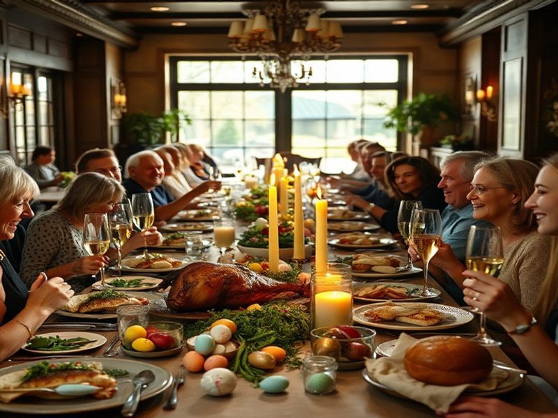 A festive Easter Sunday dining scene featuring a long wooden table set with pastel linens, a glazed ham centerpiece, colorful