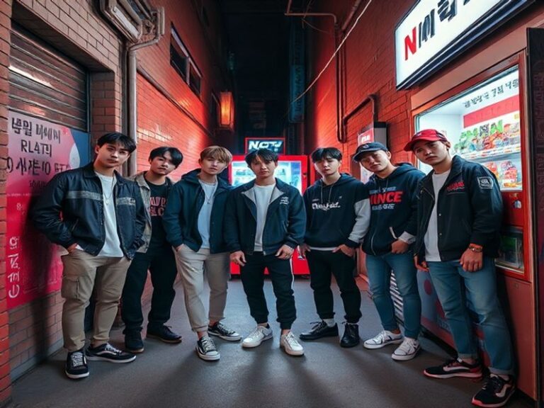 A dynamic concert photo of Ten NCT performing on stage with vibrant lighting, wearing a sleek streetwear-inspired outfit, and