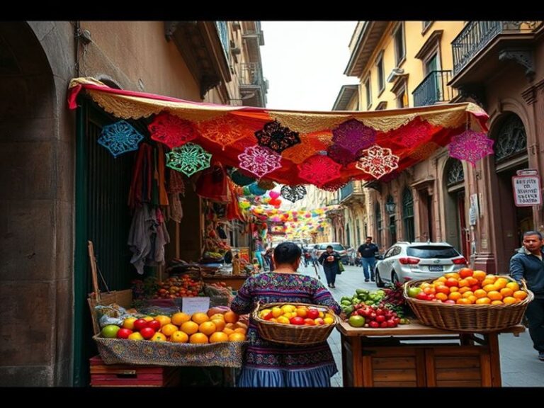A vibrant collage featuring a Mexican street mural, a plate of tacos al pastor, a mariachi band performing, and a cinema marq