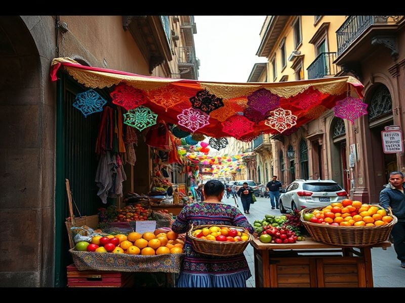 A vibrant collage featuring a Mexican street mural, a plate of tacos al pastor, a mariachi band performing, and a cinema marq
