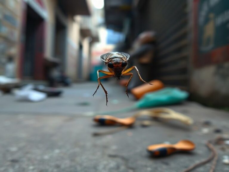 A close-up of a flea on human skin, surrounded by microscopic images of Rickettsia typhi bacteria. The setting is a dimly lit
