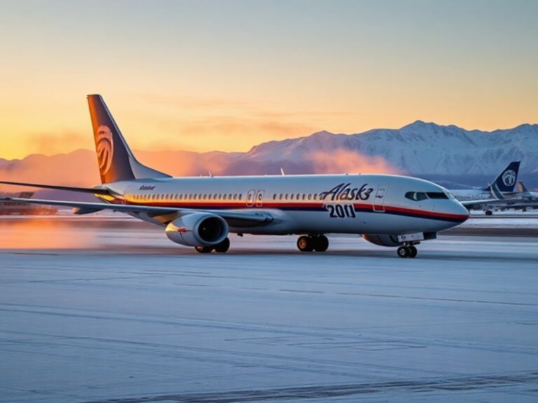 A modern Alaska Airlines Boeing 737 MAX taxiing on a rainy tarmac at an airport, with the airline’s logo and livery visible.