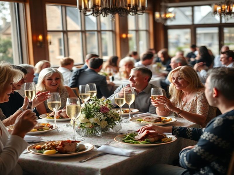 A vibrant Easter Sunday dining scene: a long wooden table adorned with pastel decorations, a whole roasted lamb centerpiece,