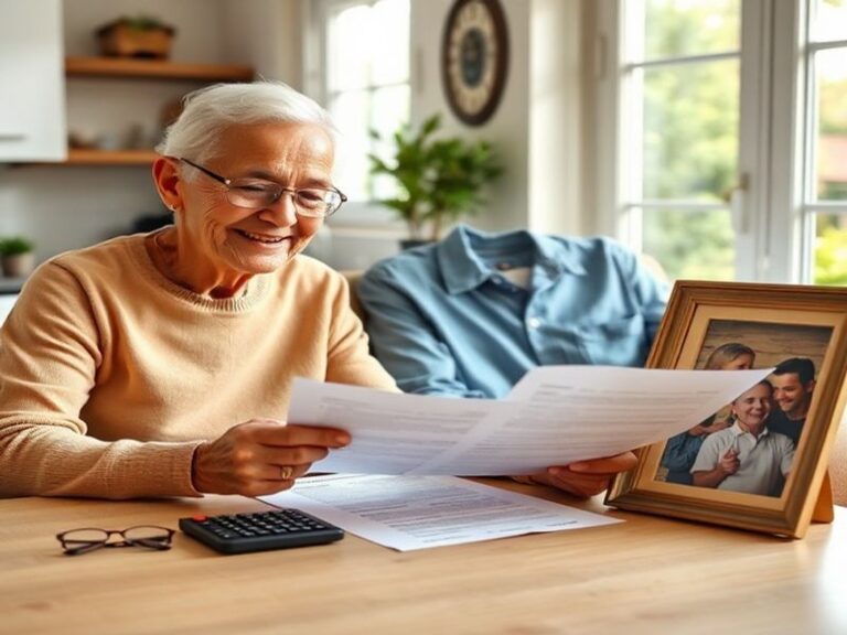 A thoughtful mid-shot of an elderly couple reviewing documents at a kitchen table, with warm lighting and a calculator visibl