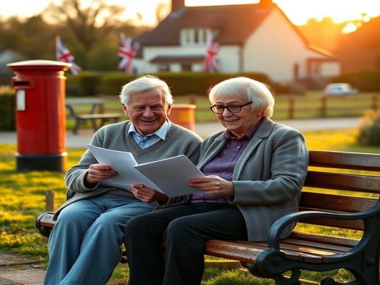 A split-image visual: on the left, an elderly couple reviewing documents with a calculator and pension statement; on the righ