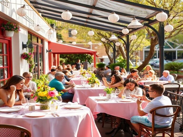 A vibrant Easter brunch table set outdoors with a mix of traditional and modern dishes, including lamb roasts, pastries, colo