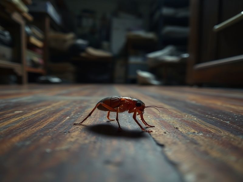 A close-up of a flea under magnification, with a blurred urban background showing rats in alleys and a faint rash on a person