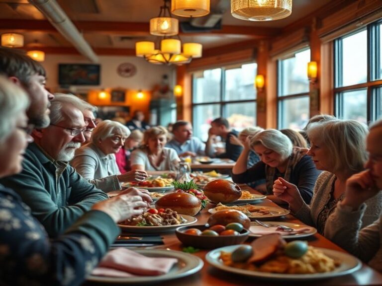 A festive Easter Sunday dining scene featuring a long table set with pastel linens, colorful Easter eggs, and a spread of bru