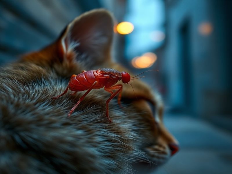 A close-up of a flea on a rat's fur, with a blurred background of an urban alley or tropical setting. The image should convey
