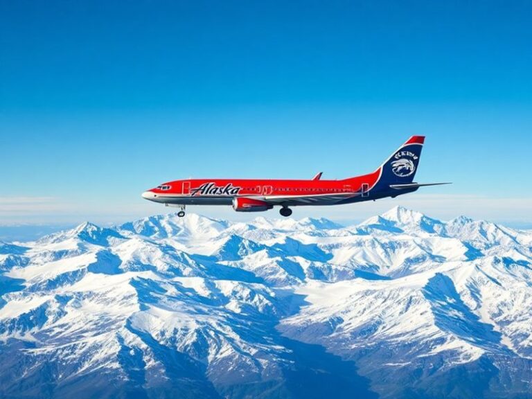 A modern Alaska Airlines aircraft taking off from Seattle-Tacoma International Airport against a backdrop of snow-capped moun