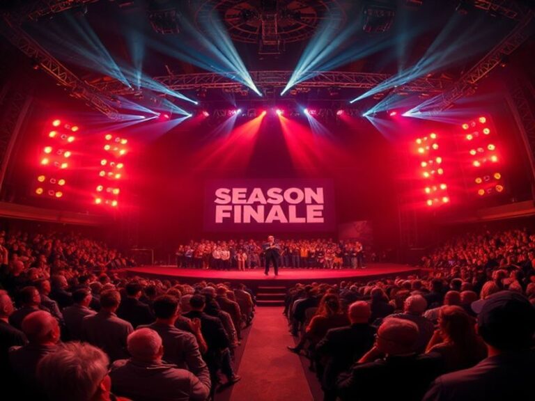 A split-screen image showing diverse audiences worldwide watching a dramatic TV season finale on various devices, with social