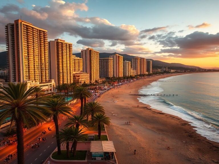 A vibrant daytime view of Benidorm’s skyline, featuring tall modern buildings and two sandy beaches curving around the penins