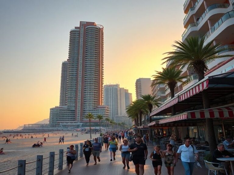 A vibrant daytime view of Benidorm’s skyline featuring the Hotel Bali, framed by the Mediterranean Sea on one side and the ru