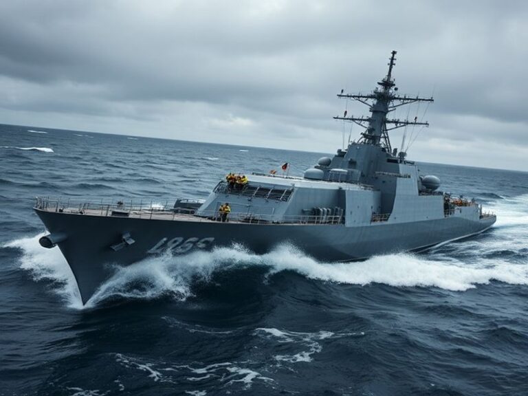 A modern Royal Navy aircraft carrier, HMS Queen Elizabeth, sailing in open waters with a Merlin helicopter in flight, set aga