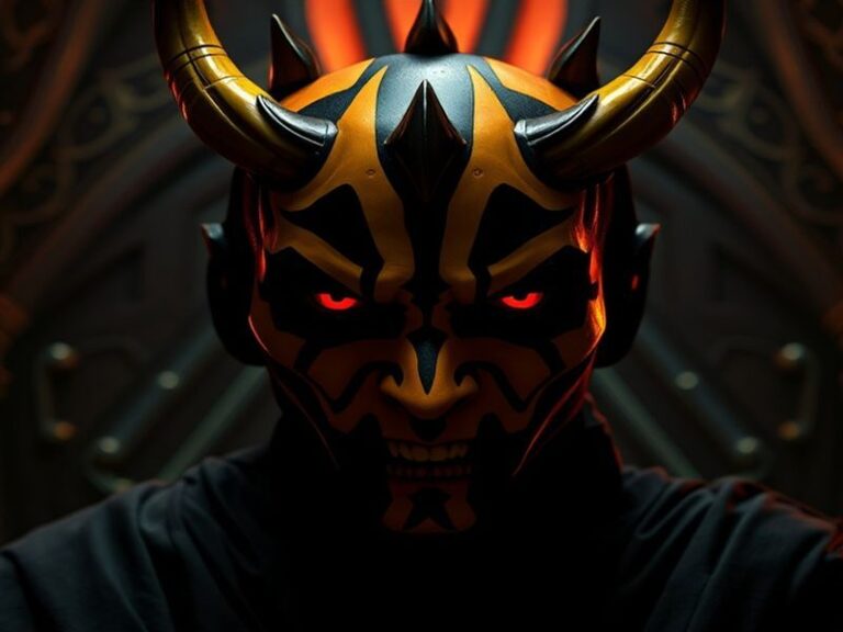 A cinematic shot of Darth Maul in his Shadow Lord persona, wielding dual lightsabers in a dark Sith temple, with dramatic lig