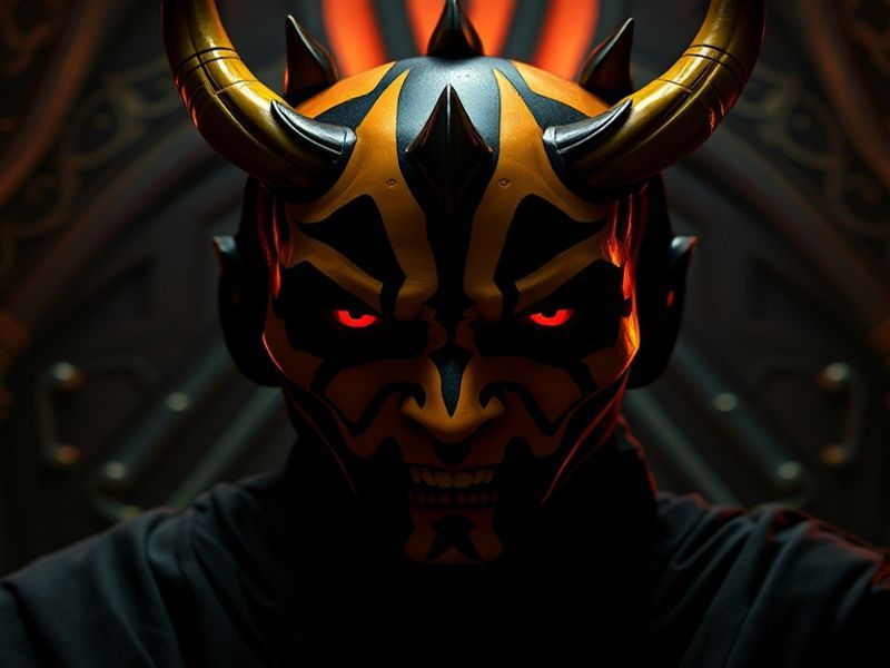 A cinematic shot of Darth Maul in his Shadow Lord persona, wielding dual lightsabers in a dark Sith temple, with dramatic lig