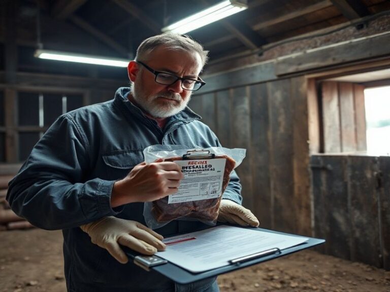 A close-up of sliced bresaola on a wooden board with herbs, alongside a recall notice and a caution tape background, conveyin