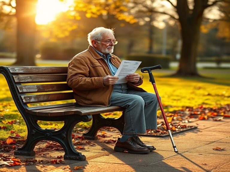 A split image showing a senior couple reviewing documents with a calculator on one side, and a younger worker stressing over